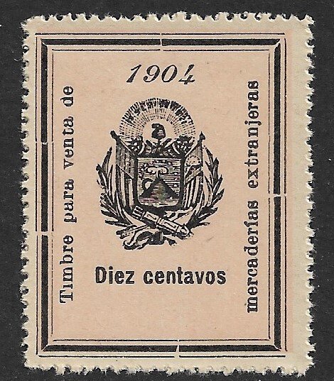 EL SALVADOR 1904 10c ARMS Sales Tax on Imported Merchanise Revenue Ross146 MNGAI