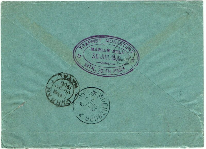 Natal 1900 Pinetown cancel on cover to Germany, from Trappist Monastery