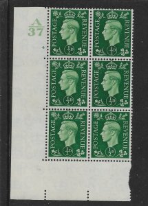 GB SG462 1937 KGVI 1/2d GREEN A 37 CONTROL BLOCK OF 6 MOUNTED MINT