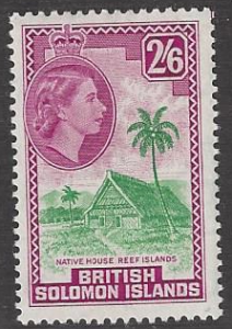 British Solomon Islands #102 mint single, Q E II & meeting house, issued 1956