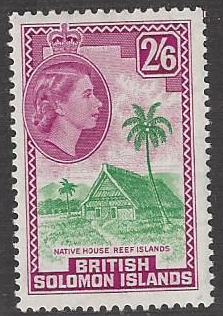 British Solomon Islands #102 mint single, Q E II & meeting house, issued 1956