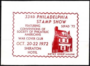 1972 US Poster Stamp SEPAD 72 33rd Philadelphia Stamp Show War Cover Club