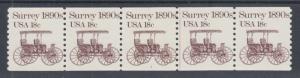 US Sc 1907 MNH. 1982 18c dark brown Surrey, Plate #1 coil strip of 5