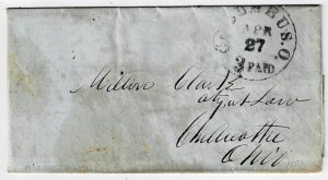 1853 Columbus, Ohio cancel and 3 PAID in black