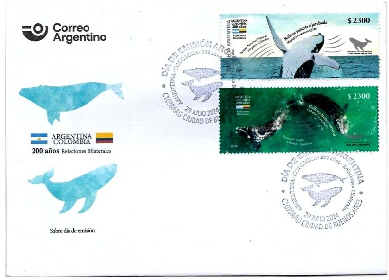 #75393 ARGENTINA 2024 JOINT ISSUE COLOMBIA FAUNA WHALE COMBO BLx4+FDC+BROCHURE