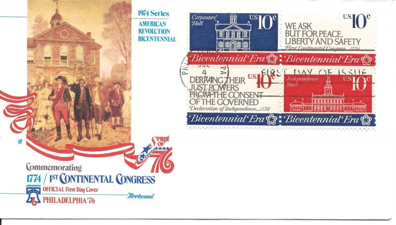 US Scott #1543-46, First Day Cover 7/4/74 Philadelphia Single Congress