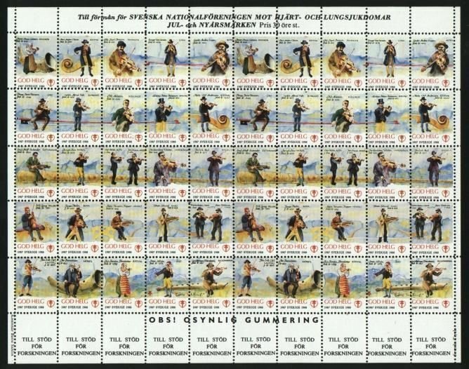 Sweden. Christmas Seal 1987/88 Mnh Full Sheet Unfolded. Musicians. 