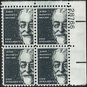 Scott # 1295 1966 $5 dk gray  J. B. Moore  Plate Block - Upper Right - Mint 