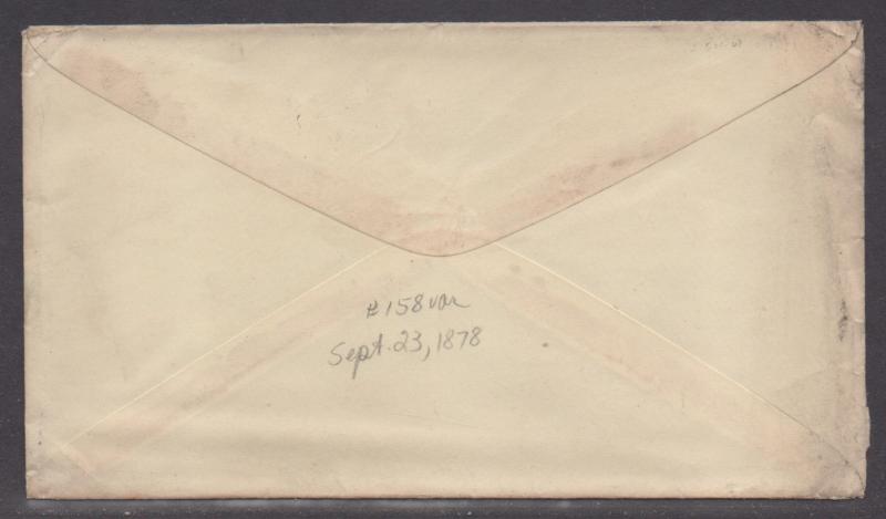 **US 19th Century Cover Scott #158, ELkhart City, IL, 9/26/1878, Letter Enclosed