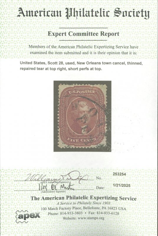 U.S. #28 USED WITH APS CERT