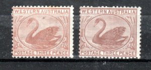 Australia - Western Australia 1871-73 3d Black Swan x 2 shades SG 63-63a MH