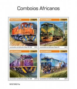 Mozambique - 2019 African Trains on Stamps - 4 Stamp Sheet - MOZ190211a