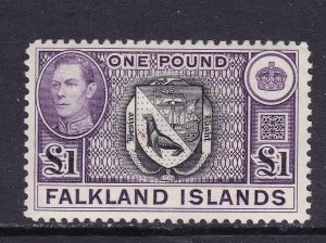 Falkland Islands Scott 96, 1938 KGVI 1 Pound, F/VF MLH. Scott $75