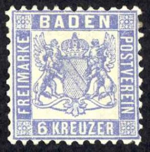 Germany Baden Sc# 22 MH 1865 6kr ultra Coat of Arms