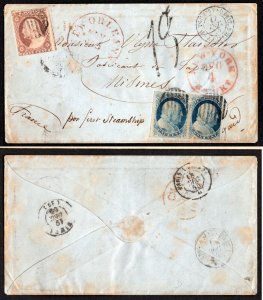 Scott 11 & 9 pair on 1856 New Orleans Per First Steamship Cover to France via NY