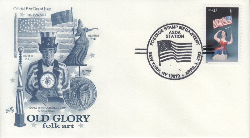 2003 Carving Woman w/Flag  (Scott 3780) Artcraft Old Glory  FDC