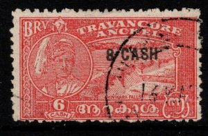 INDIA-TRAVANCORE SG75a 1943 8ca on 6ca SCARLET p11 USED