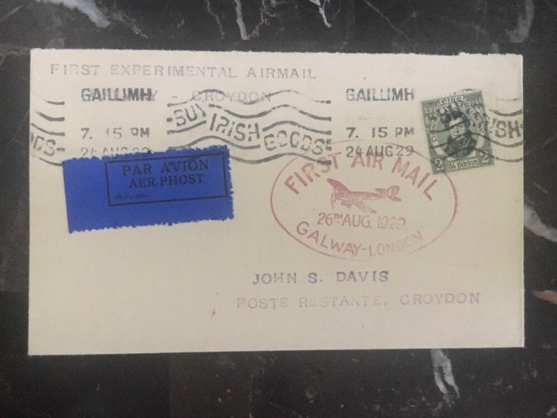 1929 Ireland First Experimental Flight cover FFC Galway London To Croydon