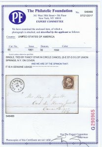 US 65 cover star in circle fancy cancel of Union Springs NY great strike PF cert