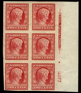 US #368 SCV $200.00 PLATE BLOCK, VF/XF mint 5 stamps NH, bottom left stamp re...