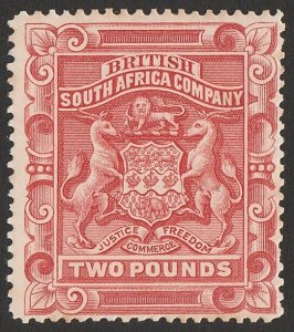 RHODESIA 1897 Arms £2, perf 15. SG 74 cat £2000. Very rare genuine.