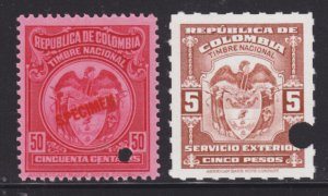 Colombia unused c. 1958 Revenues, 50c red on pink w/ Specimen + 5p brown