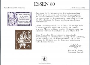 ENGRAVED SOUVENIR CARD OF THE INTERNATIONAL PHILATELIC EXPO AT ESSEN GERMANY 80