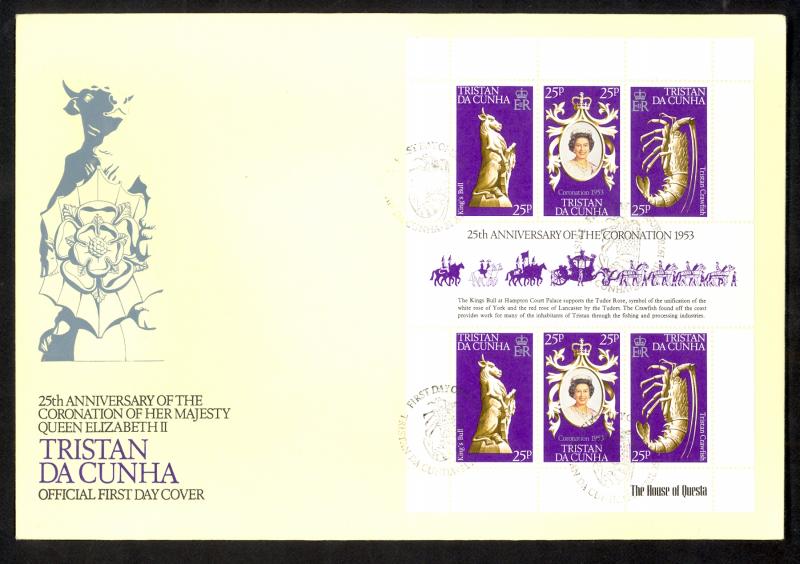 TRISTAN DA CUNHA 1976 QE2 CORONATION JUBILEE SHEET of 6 Sc 238 CACHET FDC Cover