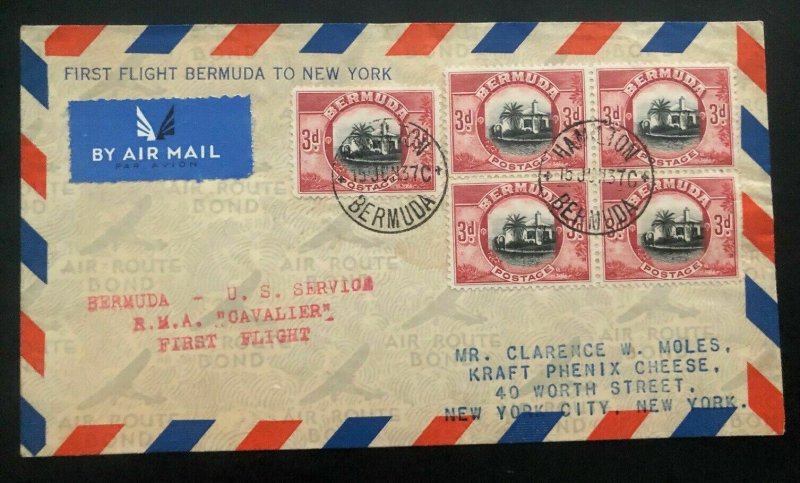 1937 Hamilton Bermuda First Flight Cover FFC To New York USA RMA Cavalier