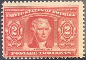 Scott #324 1904 2¢ Louisiana Purchase Thomas Jefferson MNH OG minor crease