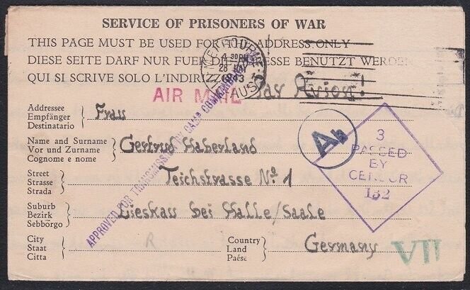 AUSTRALIA 1943 POW lettersheet Murchison Camp Melbourne to Germany.........A8367