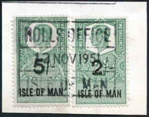 Isle of Man KGVI 2/- + 5/- Key Plate Type Revenues Used on Piece