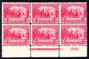 US 329 2c Jamestown Mint Plt Block of 6 #3594 F-VF OG NH SCV $900