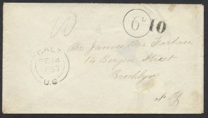 1857 Cross-Border Stampless Galt (Waterloo) UC to Brooklyn NY Circled 6d  10