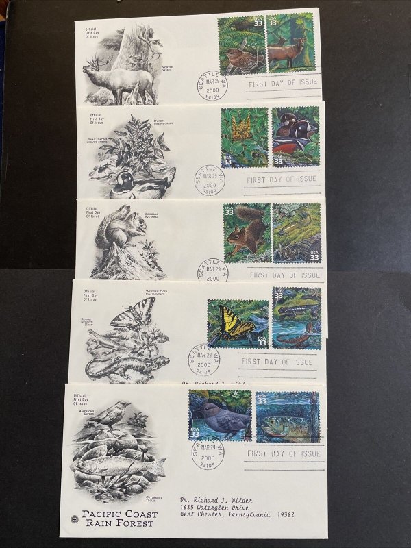 2000 US FDC Pacific Coast Rain Forest Sc# 3378a-j Complete Set 5 w/ PCS Cachets