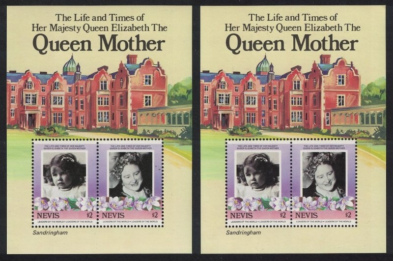 Nevis Life and Times of the Queen Mother 2 MSs 1985 MNH SG#MS317 MI#Block 5-6