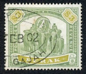 Perak SG78 Three Dollars Green and Ochre Fiscal Pmk