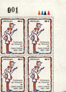 PINOCCHIO CARLO COLLODI LITERATURE PUPPET CENTENARY URUGUAY Sc#1123 MNH block