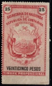 1882 Costa Rica Revenue 25 Pesos Coats of Arms General Tax Duty Unused