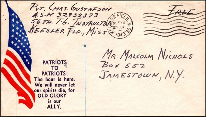 22 Oct 1943 WWII Patriotic Cover Patriots To Patriots Showing Flag Sherman 6119