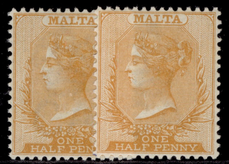 MALTA QV SG18 + 19, ½d SHADE VARIETIES, NH MINT. Cat £58.