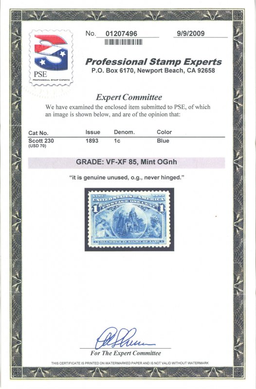 US Scott #230 Mint, VF/XF, NH, PSE (Graded 85)