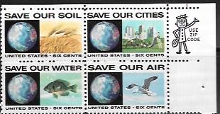US #1410-13 MNH Zip Code block. Save our Soil, Cities, Water, Air.