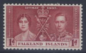 Falkland Is.- Scott 82- KGVI Coronation - 1937- MH - Dk Carmine - 1d Stamp2