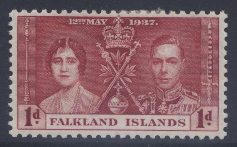 Falkland Is.- Scott 82- KGVI Coronation - 1937- MH - Dk Carmine - 1d Stamp2