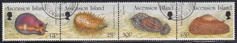 Ascension 1996 used Sc #631a Strip of 4 Mollusks