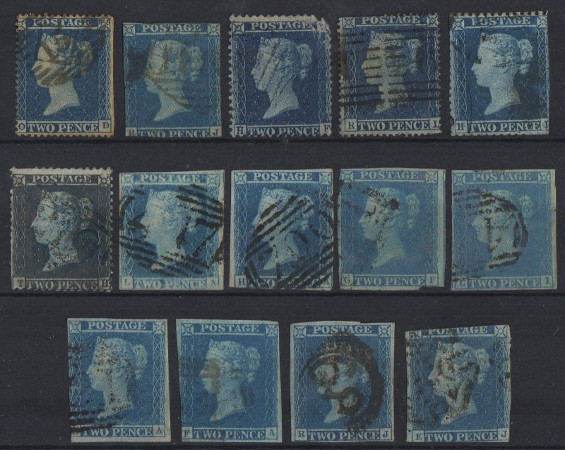 (M141) QV 1841-70, Sg14/Sg34, Selection of USED 2d blue stars on card. Unchecked