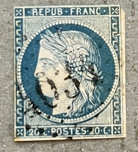 French Colonies 11 / 1871-1872 20c Blue Ceres Imperf Stamp / Used Clipped Corner