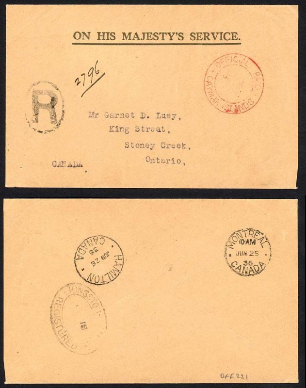 Cayman Islands 1936 OFFICIAL PAID mark in red registered OHMS cover to Canada 