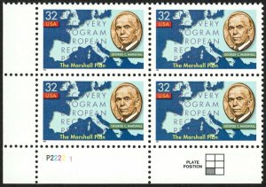 1997 Marshall Plan 50th Anniv. Plate Block Of 4 32c Stamps, Sc# 3141, MNH, OG